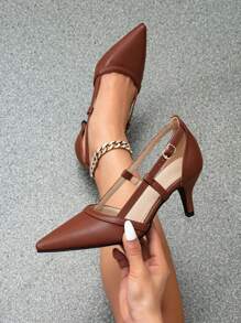 Sandalias de tacón alto con punta puntiaguda, correa, diseño calado, talón abierto con correa de tobillo, versátiles para bodas y ocasiones formales, para mujer