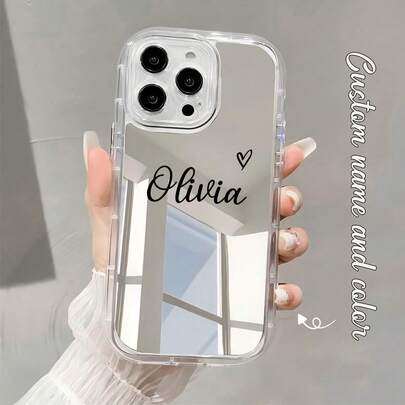 Customized Fashionable Cute Heart-Shaped Letter Signature Design Pink & Apricot Mirror Short Phrase Name Phone Case Protective Cover For IPhone 11 Pro/13 Pro/15 Pro Max, XR, 12, 13, 15, 16 Pro Max
