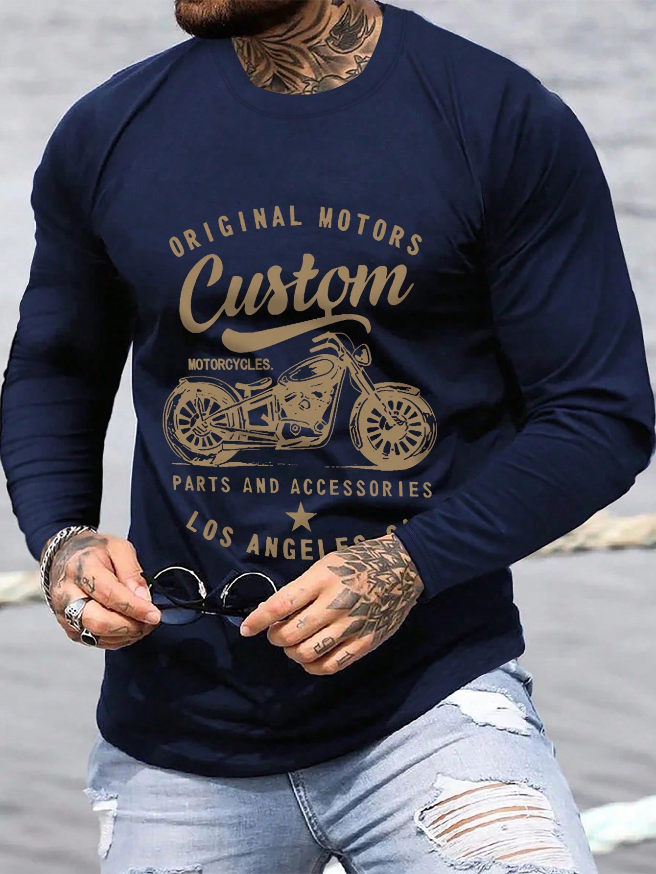 Men's Casual Round Neck Letter Print Long Sleeve Motorcycle T-Shirt