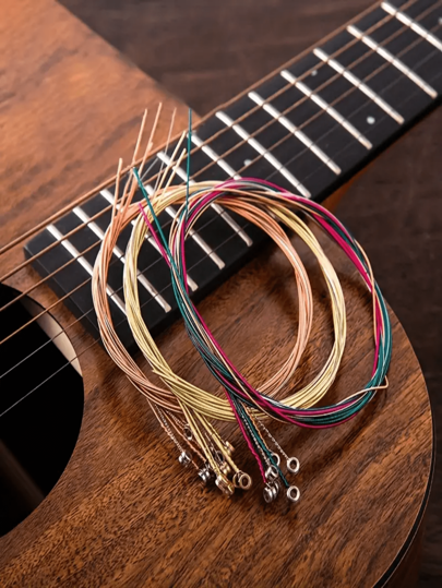 6pcs/Set High Quality Acoustic Guitar Strings (1/2set) - 6pcs Replacement Steel Guitar Strings | Premium Accessories - Fit For Acoustic Guitar, Red Copper, Brass And Colorful Strings, Faux Pearl Head, Individually Packed, Folk Guitar Accessory Set, Enhance Tone, Complete Folk Guitar Accessory Set, Bright & Vibrant Tone, Improve Playing Performance, Suitable For Beginners And Advanced Users, Great Birthday, Valentine's Day, New Year Gift For Music Lovers