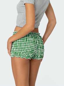 Women Ruffle Plaid Shorts Cute Pettipants Low Waist Ruched Short Pants - Verde - Ver 2