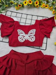 Fleur De Lis - Stylish Children's Set With Butterfly Blouse And Ruffled Shorts - Comfort And Charm For Little Ones - 紅色 - 查看 2