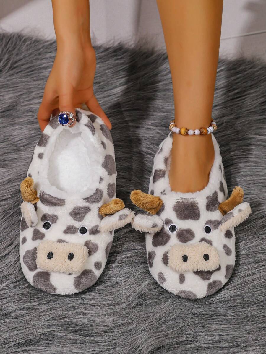 RALSWNAY 女士可爱奶牛图案圆形套脚家居拖鞋，黑白配色，适合冬季假期、返校季、大学生及圣诞节穿着