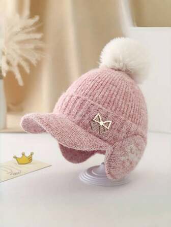 1pc Girls' Winter Knit Hat With Pom Pom, Bow Pattern, Suitable For 3-8 Years Old, Fashionable Ear Flap Hat, Suitable For Daily Use And Snow Travel, Fantasy Theme