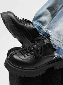 Vintage Round Toe Thick Sole Men's Formal Dress Shoes, Lace-Up Elevator Shoes, Party Fashion British Style Low-Top Men's Leather Casual Shoes - Black - View 7