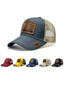 1pc Prairie Series, Retro Leather Label Lion Pattern, Showing Strength And Majesty, Fashionable Outdoor Baseball Mesh Cap