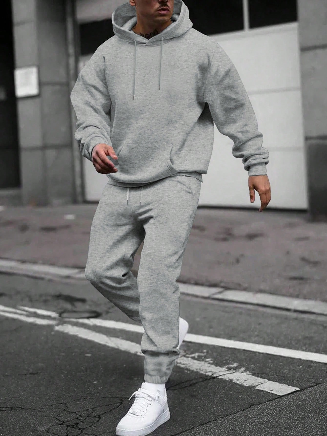 Men Autumn Solid Color Drop Shoulder Long Sleeve Drawstring Hoodie And Sweatpants Casual Loose Set