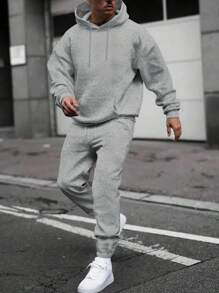 Men Autumn Solid Color Drop Shoulder Long Sleeve Drawstring Hoodie And Sweatpants Casual Loose Set - Grey - View 4