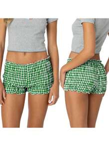 Women Ruffle Plaid Shorts Cute Pettipants Low Waist Ruched Short Pants - Verde - Ver 3