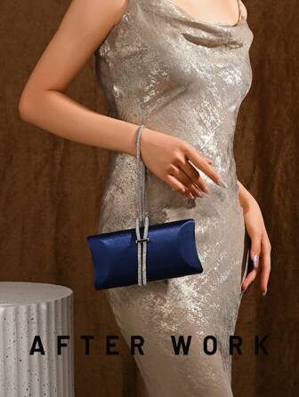 Women's Elegant Satin Box-Shaped Clutch Bag, Fashionable Shiny Rhinestone Chain Formal Evening Bag For Party, Wedding, Formal Occasions, Comes With Chain