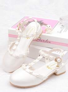 Girls' White Pearl Studded Sandals High Heels Princess Dress Shoes