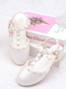Girls' White Pearl Studded Sandals High Heels Princess Dress Shoes