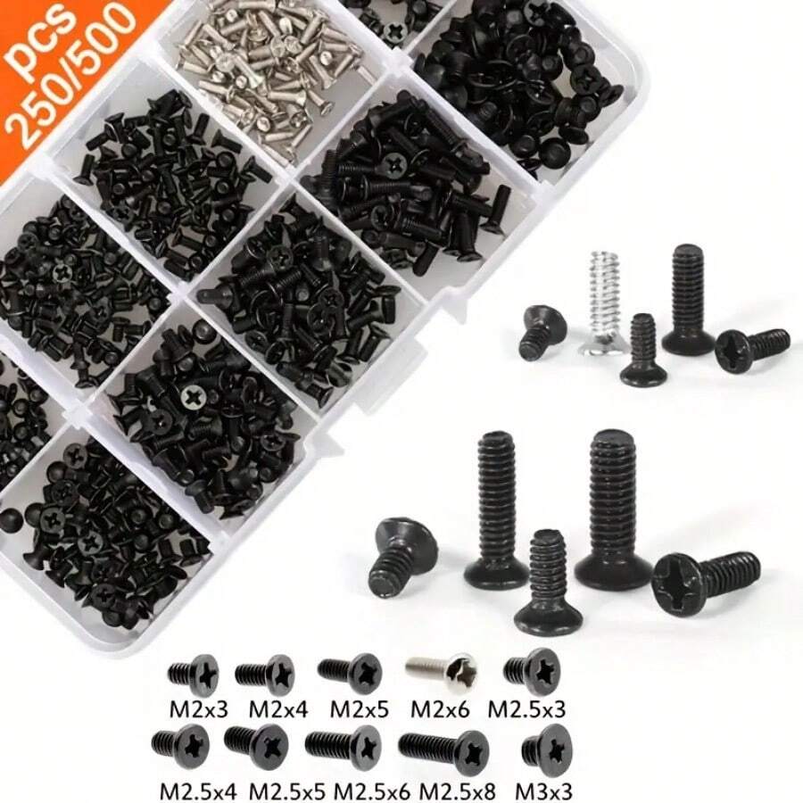 250pcs/500pcs Small Computer Screws Assortment Kit, Black Tiny Eyeglass Screws M2 M2.5 M3, PC & Laptop SSD Hard Drive CPU Cooler Screw, M.2 Electronic Screw Set. - Black - View 1