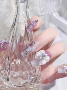 24pcs Purple Press On Nails Medium Coffin Fake Nails Purple And White Gradient Acrylic Nails With 3D Flower Bowknot And Rhinestone Design Glossy Glue On Nails For Women Girls