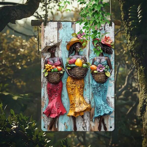 1pc 8x12 Inch Elegant Women's Metal Wall Art With Basket, Vivid Embossed Metal Decorative Sign, Suitable For Home, Garden, Balcony - Weather-Resistant Indoor/Outdoor Decor, Pre-Drilled Holes For Easy Installation, Random Hole Style