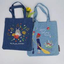 Denim Tote Bag,Black Cat Shopping Bag,Reusable Shoulder Bag,Handmade Fall Winter Bags