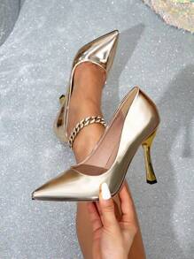 Gold High-End French Pointed Toe Metallic Finish Sexy Versatile Lady Pumps High Heels