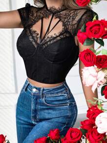 Sexy Lace Eyelash Guarnição Em Torno Do Pescoço Figura-Hugging Corset Bralette, Chic Street Style
