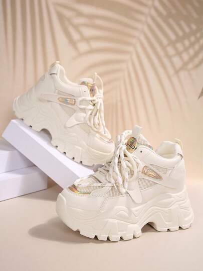 Women's Solid Color Thick Sole Sneakers With Front Tie Closure, Outdoor Tennis Shoes With Mesh Detailing, Khaki