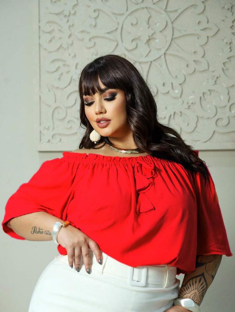 PLUS SIZE  SHORT SLEEVE WOMEN'S BLOUSE  CHRISTMAS LOOK CURVE BLOUSE G1 G2 G3 G4 - 紅色 - 查看 1