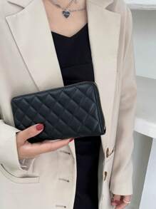 1pc Quilted Decor PU Leather Zipper Long Wallet, Fashionable For Women Daily Use And Gift Wallet Purse Wallet Mini Wallet