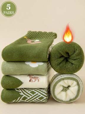 5 双女士保暖加厚毛绒内衬袜子，带有花卉、鹿、条纹图案，适合秋冬季运动、居家、休闲、通勤穿着