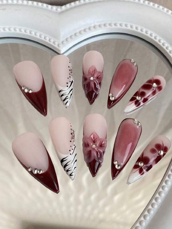 10 Pieces Of Pure Hand-Worn Nail Drop Red French Faint Flower Three-Dimensional Pinch White French Small Rhinestone Can Be Sent To Friends With Holidays Can Be Worn Repeatedly Press On Nails