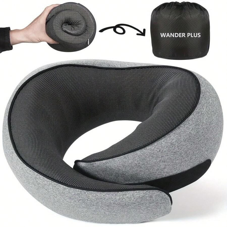 Memory Foam Neck Pillow For Airplanes, Comfortable Breathable Cover, 360° Support Stowable Pillows For Sleeping, Car, Airport Travel Essentials - 灰色 - 查看 1