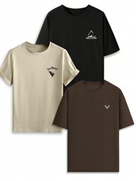 3 Pieces Set Men's Graphic Print Crew Neck Short Sleeve Casual T-Shirts, Summer Tee