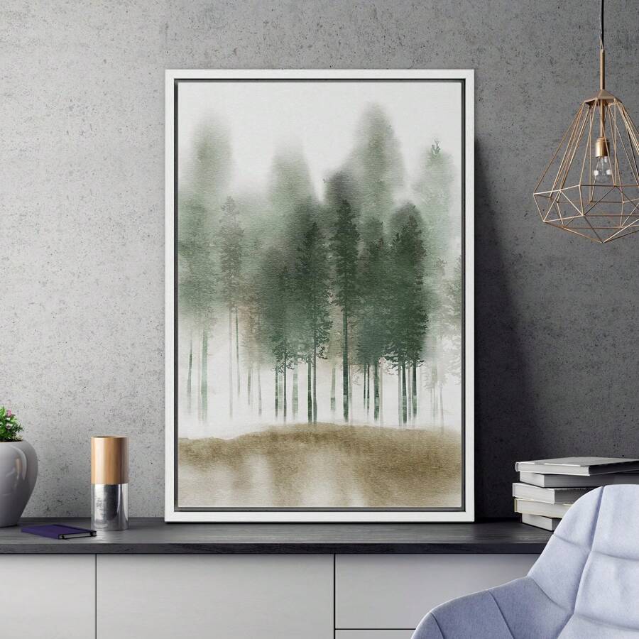 Framed Canvas Print Wall Art - Misty Forest Landscape Illustrations - Serene Mountain Pine Trees In Fog Modern Art Decorative - Boho Feels Digital Art Printing Relax/Calm For Room Decor - 24x36 Inch / 16x24 Inch