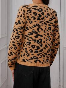 女士豹纹圆领长袖开衫，秋冬 - 駝色 - 查看 2