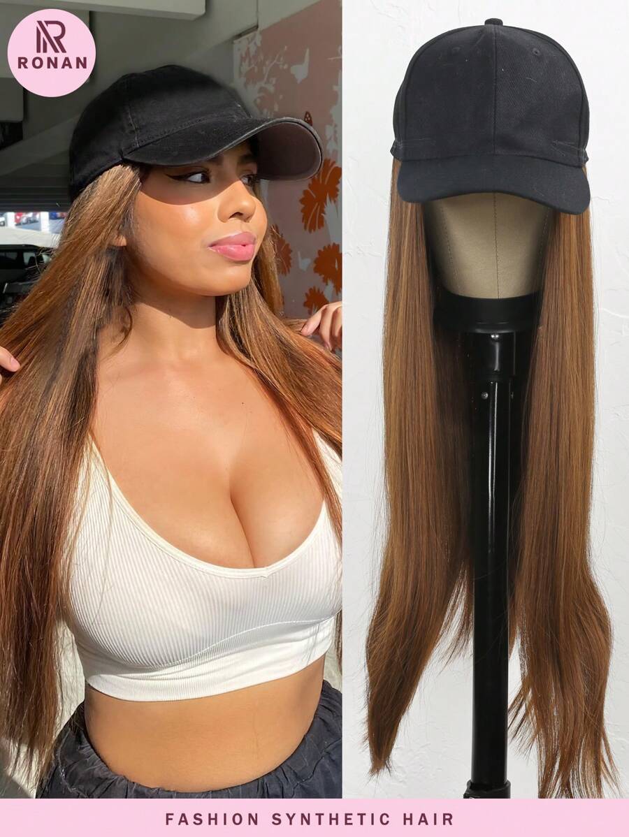 女士棒球帽带接发可调节帽子 26 英寸合成假发长直发时尚假发黑色棒球帽 - Light Brown - 查看 1