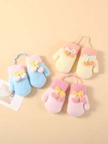 1 Pair Winter Baby Girls Cherry Print Neck Hanging Gloves, Full Covered Warm And Cute, Suitable For 1-3 Years Old - 1Pair - View 1