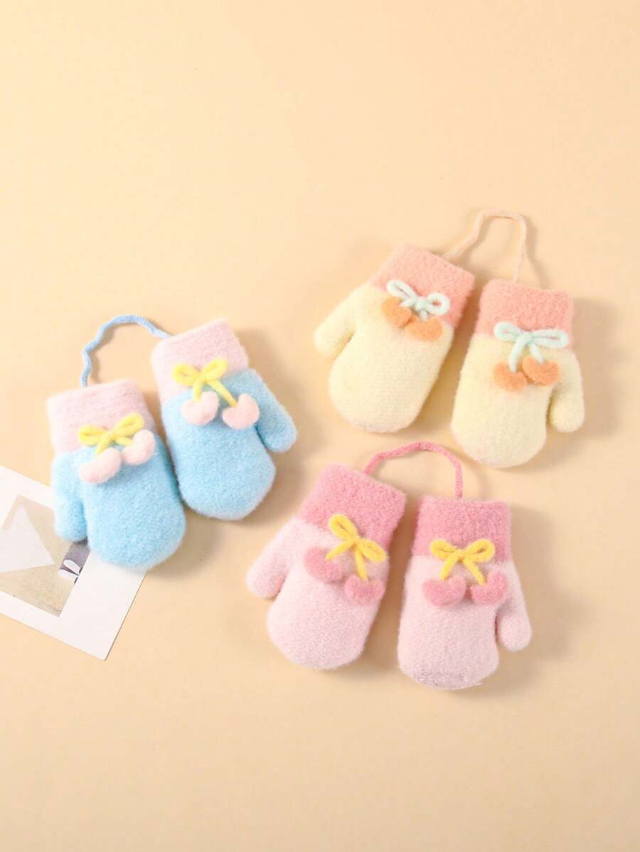 1 Pair Winter Baby Girls Cherry Print Neck Hanging Gloves, Full Covered Warm And Cute, Suitable For 1-3 Years Old - 1Pair - View 1