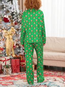 Women Christmas Pajamas Set Present Print Lapel Neck Button-Up Long Sleeve Tops Long Pants Loungewear Outfit - Green - View 5