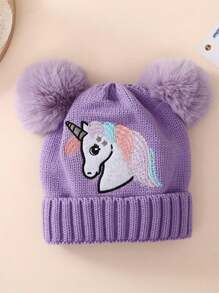 Mũ len phong cách Châu Âu & Mỹ cho trẻ em, thiết kế mới cho bé gái, mũ len ấm áp thêu hình kỳ lân đôi Pom Pom, mùa thu/đông, cho Giáng sinh - 1PC - Xem 12