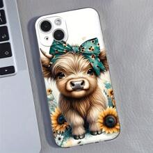 Apple Cute Highland Sunflower Bow Cow Funny Phone Case, Shock-Proof With Lens Protection, Compatible With Iphone 16/15/15Pro/15ProMax/14/13/12/11/XsMAX Series, Phone Protective Cover