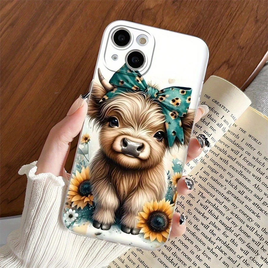 Apple Cute Highland Sunflower Bow Cow Funny Phone Case, Shock-Proof With Lens Protection, Compatible With Iphone 16/15/15Pro/15ProMax/14/13/12/11/XsMAX Series, Phone Protective Cover