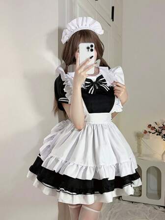 1pc Cute Maid Cafe Outfit With Bow Skirt, Suitable For Cosplay, Festivals, Conventions, Parties, And Casual Wear, Party Dress