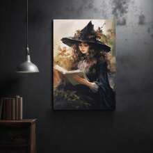 Whimsical Witches Read In Magical Fall Forest Watercolor Canvas Wall Art, Witch Art, Witch Wall Art, Dark Cabin Nuclear Halloween Decorations