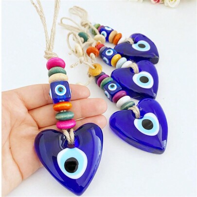 Handcrafted Turkish Blue Eye Pendant With Heart-Shaped Blue Glass Charm, Random Color Wooden Beads - Evil Eye Car Decoration, Home Decor, Unique Gift, Amulet, Protection Charm,Home Decor ,Room Decor,Wall Decor Gifts Birthday Graduation