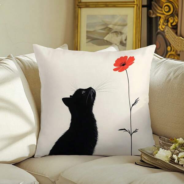 1pc Single-Side Printed Throw Pillow Cover, Modern Minimalist Black Cat & Red Flower Art Illustration, 17.7"X17.7" Home Decor Cushion Cover For Living Room, Sofa, Bedroom, Pillow Insert Not Included