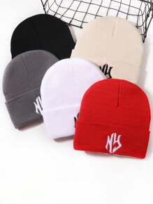 1pc Knitted NY Letter Embroidered Beanie Hat, Popular Autumn/Winter Fashion Unisex Street Style, Multi-Color, Warm & Windproof Fall Outfit