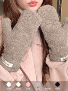 1 Pair Women's Warm Knitted Full Finger Gloves, Faux Cashmere Lined, Solid Color, Versatile For Autumn/Winter, Suitable For Riding, Students - Multicolor - View 7