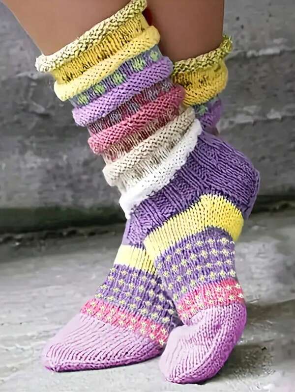 Striped Socks, Indoor Floor Socks Mid-Calf Socks For Autumn/Winter, Outdoor Casual Wear