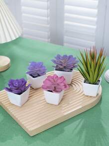 1 Set (5pcs) Artificial Mini Plant Pot Combination (Plastic Material), Home Decor For Living Room, Bedroom, Bathroom, Bookshelf, Cute Party Decoration, Gift - Blue - View 10