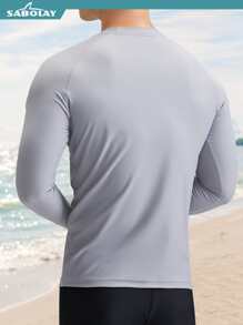 SABOLAY Spring/Summer Boyfriend Style Men's Simple Printed Long Sleeve Vacation Beach Surfing Rashguard Top, Swim Shirt, UV Protection, Quick Dry, Chlorine Resistant - Grey - View 6