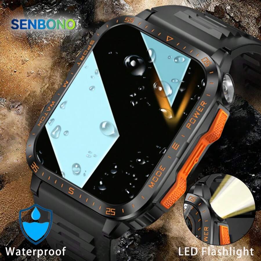 SENBONO Men's Smart Watch WithWireless Call (Make/Answer Call), Waterproof Outdoor Sport Smartwatch With LED Flashlight, Heart Rate Monitor Fitness Tracker,Camera Control,Music Control,Multi-Sport Modes Smartwatch For Android IOS - 黑橙色 - 查看 1