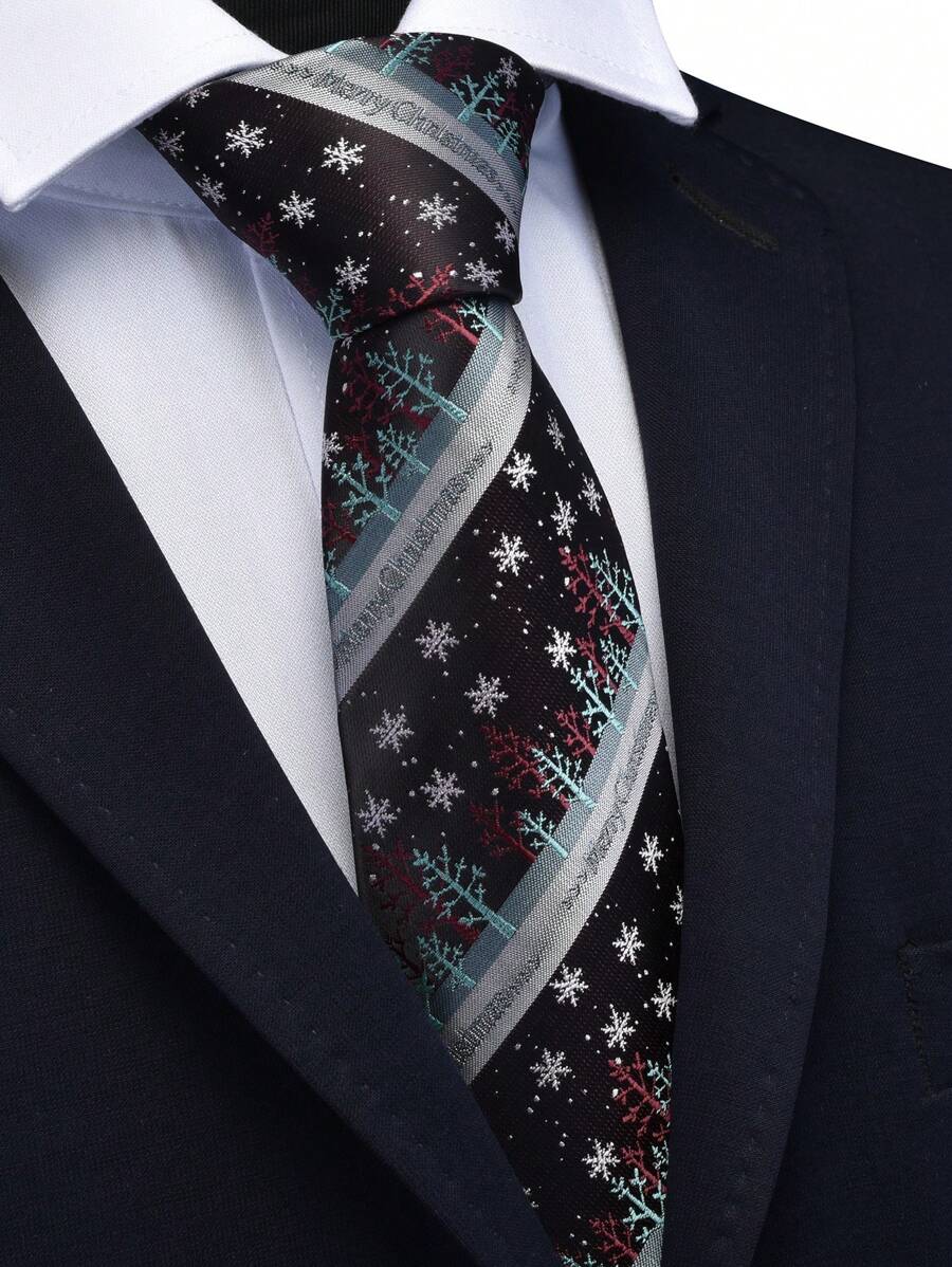 1条男士3.15英寸圣诞领带，高密度提花时尚派对领带，圣诞树领带 - 暗紅綠色 - 查看 1