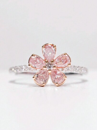 1 pièce Anneau vintage romantique en argent sterling S925 avec fleur à 5 pétales en zircone rose. Bijou polyvalent pour le quotidien/les fêtes, cadeau pour les femmes à la Saint-Valentin